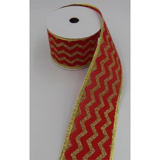 2.5 Inch Wired Christmas Ribbon with Gold Metallic Chevron Stripes on Red Faux Burlap, 2-1/2 In. X 10 Yds (Lot of 1 Spool) SALE ITEM